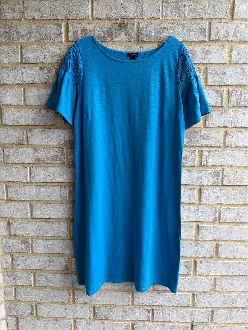 Talbots Short Sleeve Round Neck Cotton Blend Blue Shirt Dress Women's Size L